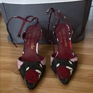 kate spade Black Floral Pointed-Toe Ankle-Strap Pumps with Red Roses